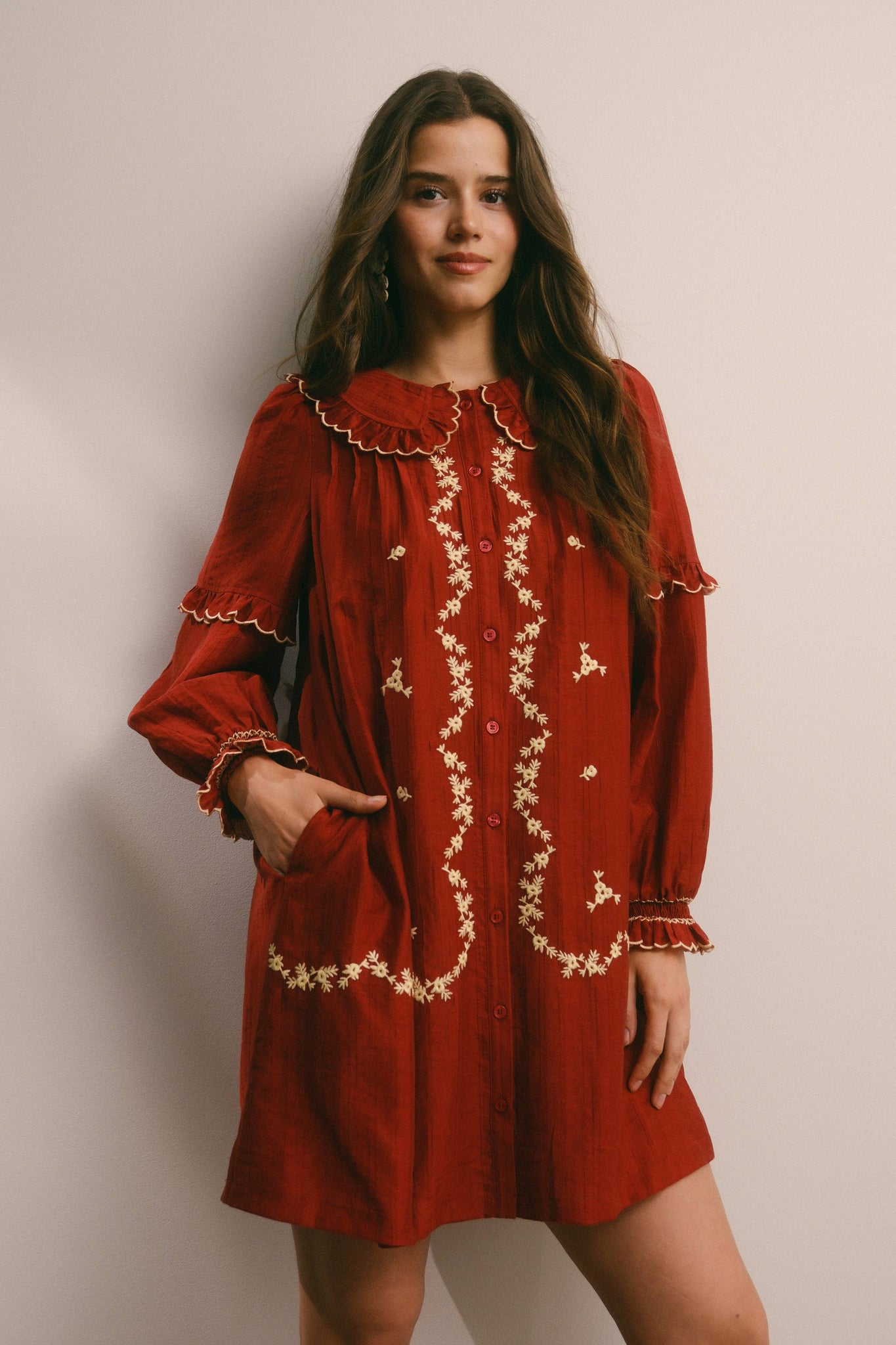 Embroidered Ruffle Collar Cotton Dress: Rust