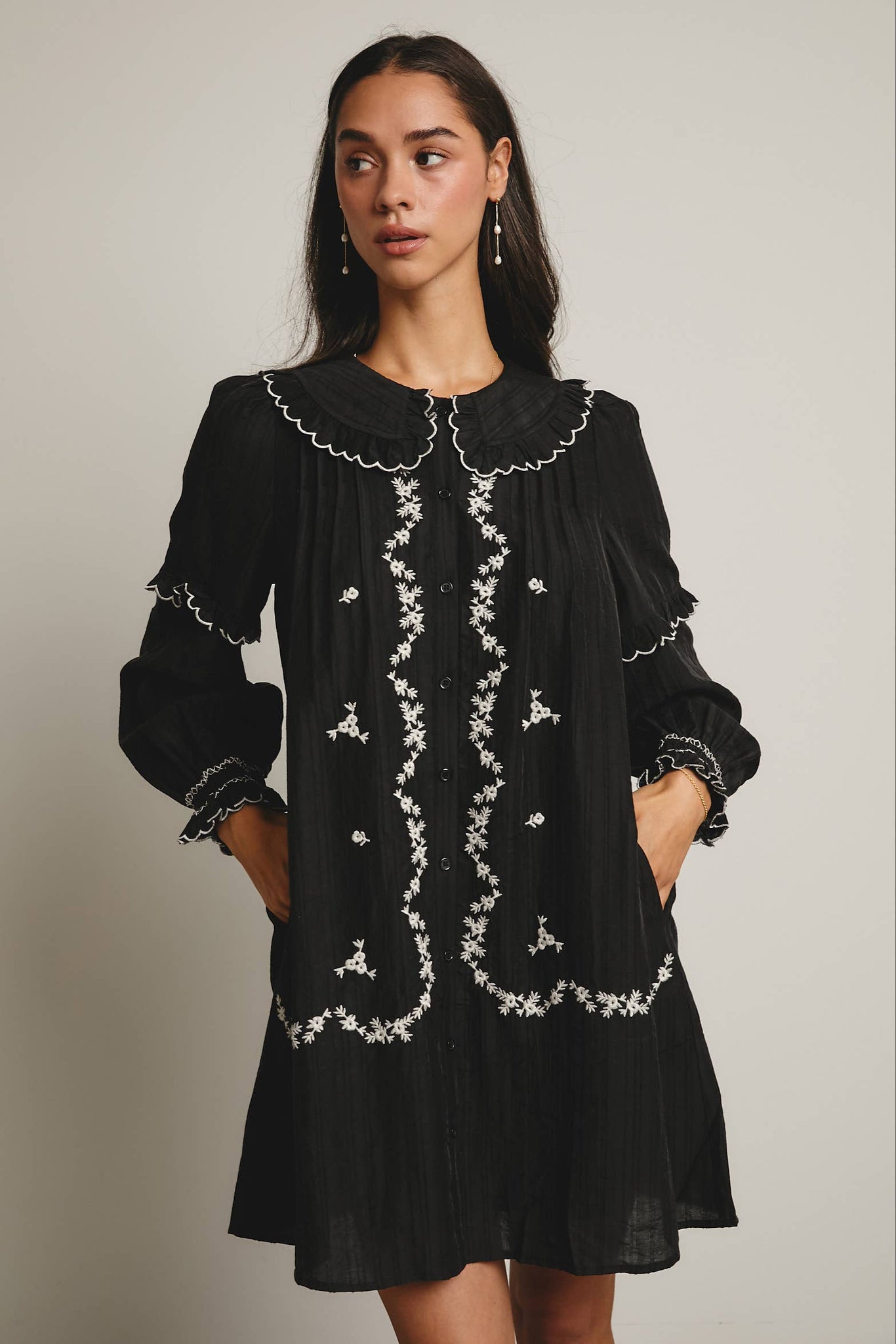 Embroidered Ruffle Collar Cotton Dress: Rust