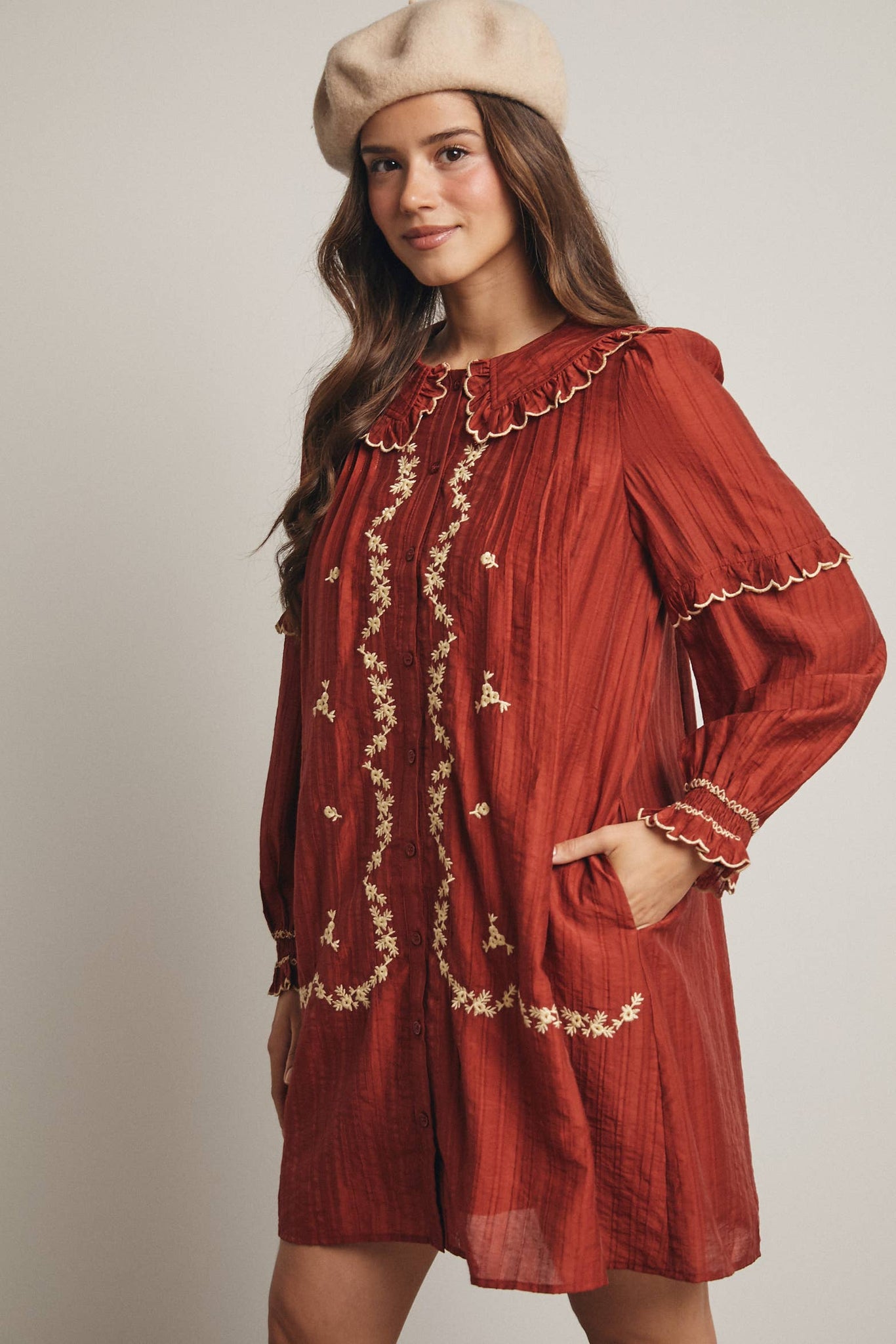 Embroidered Ruffle Collar Cotton Dress: Rust