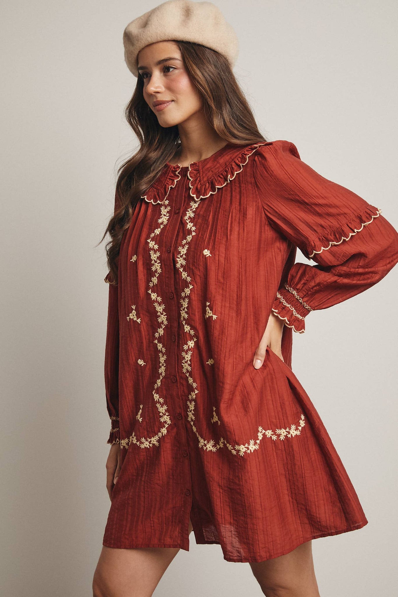 Embroidered Ruffle Collar Cotton Dress: Rust