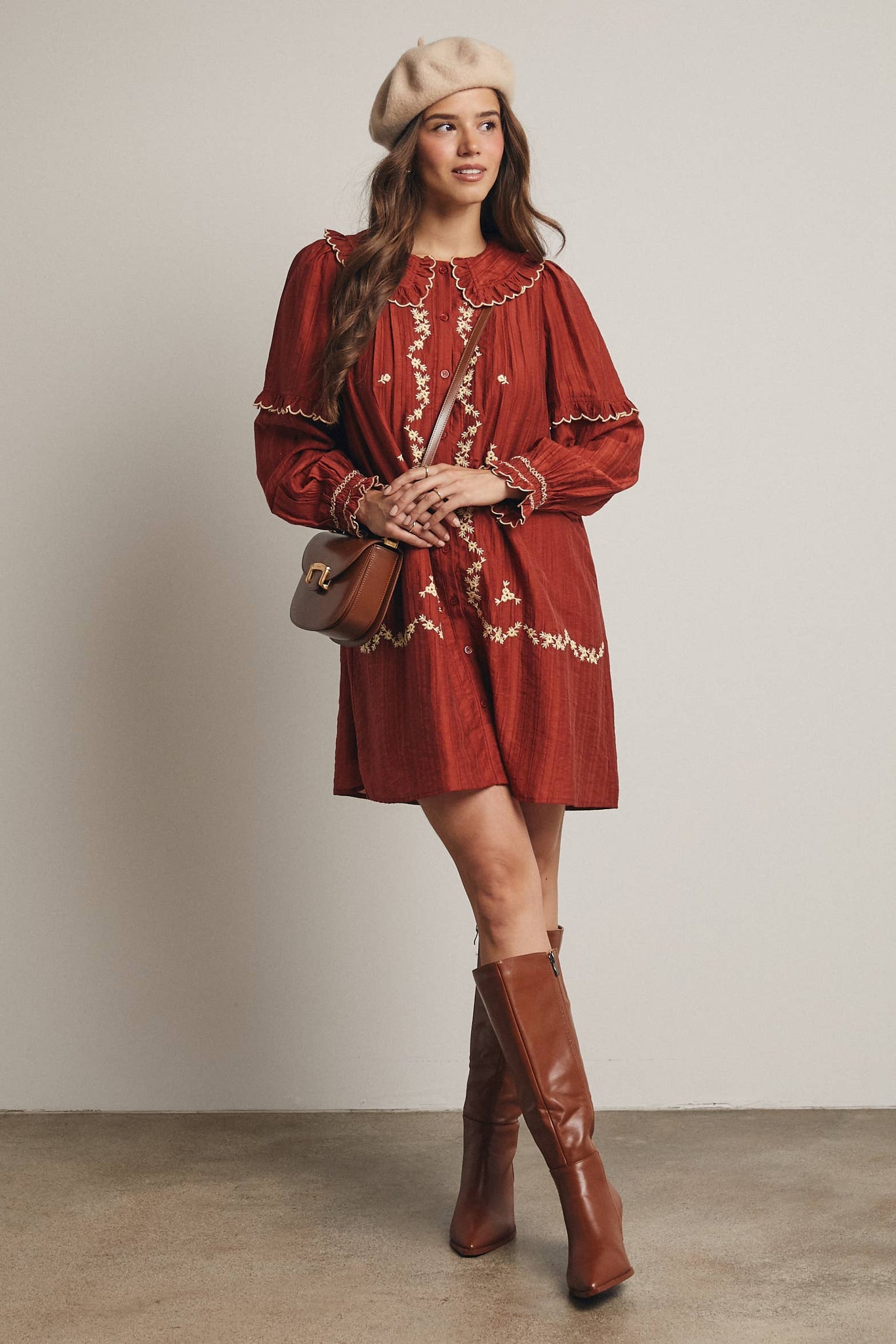 Embroidered Ruffle Collar Cotton Dress: Rust