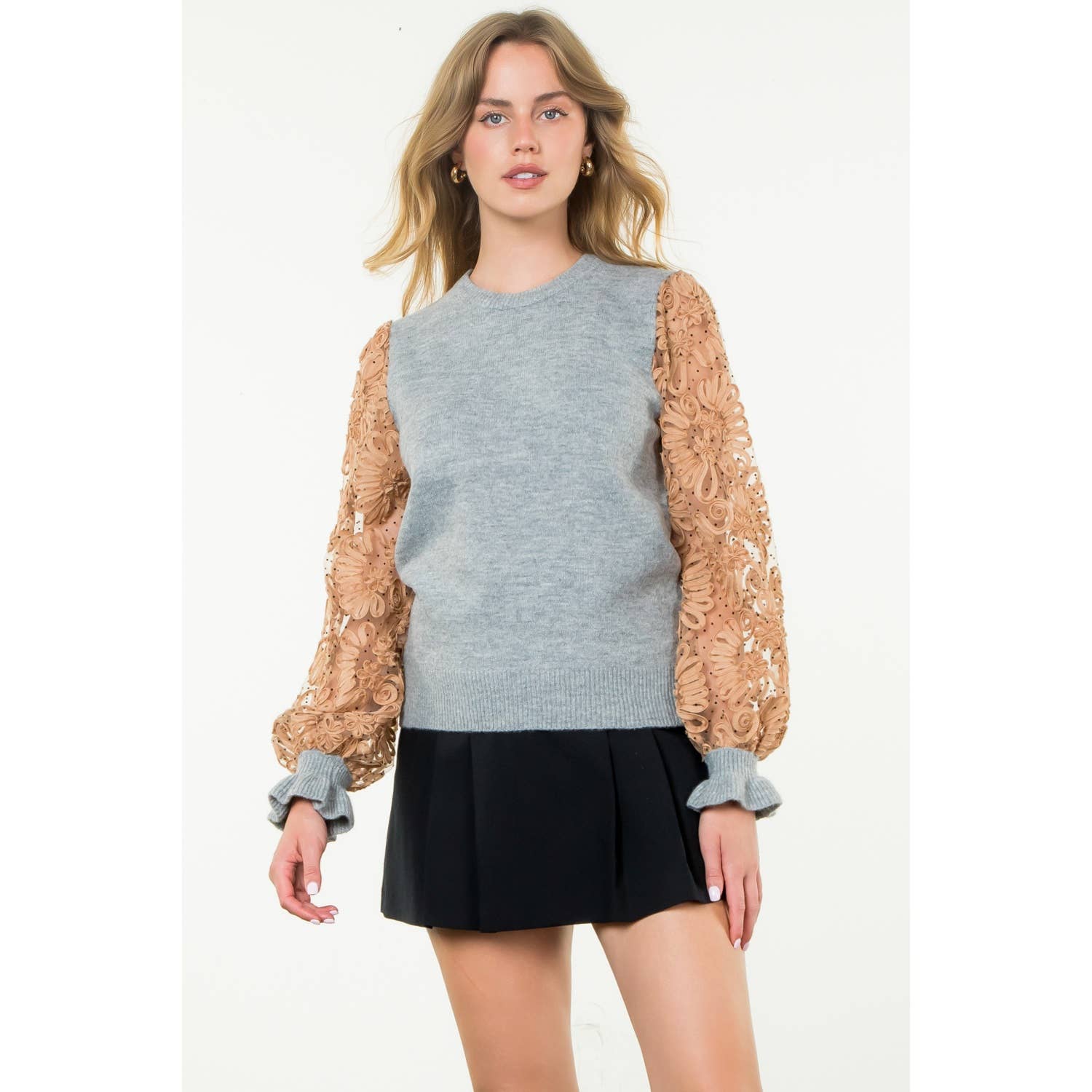 Floral Mesh Sleeve Knit Top - CREAM