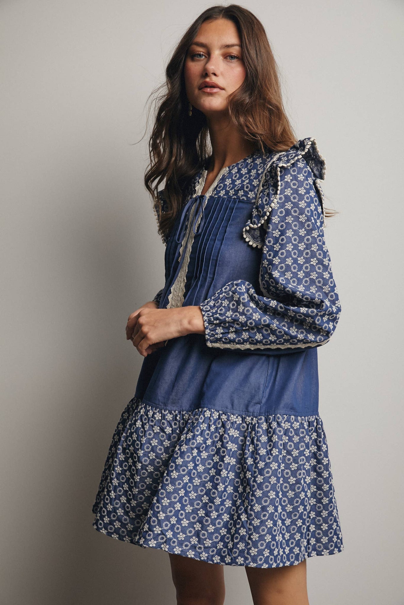 Patchwork Lace Trim Mini Dress: Denim
