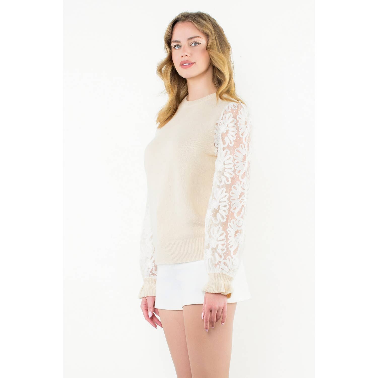 Floral Mesh Sleeve Knit Top - CREAM