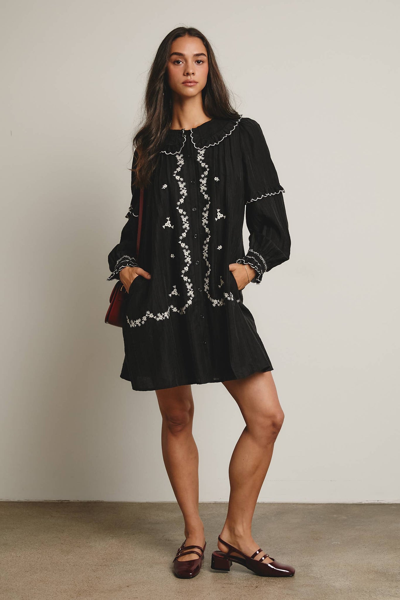 Embroidered Ruffle Collar Cotton Dress: Rust