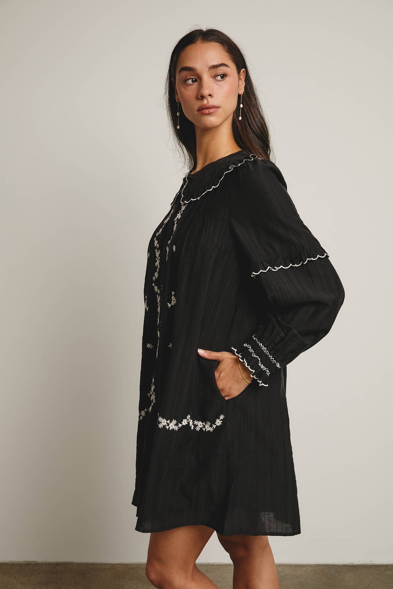 Embroidered Ruffle Collar Cotton Dress: Rust