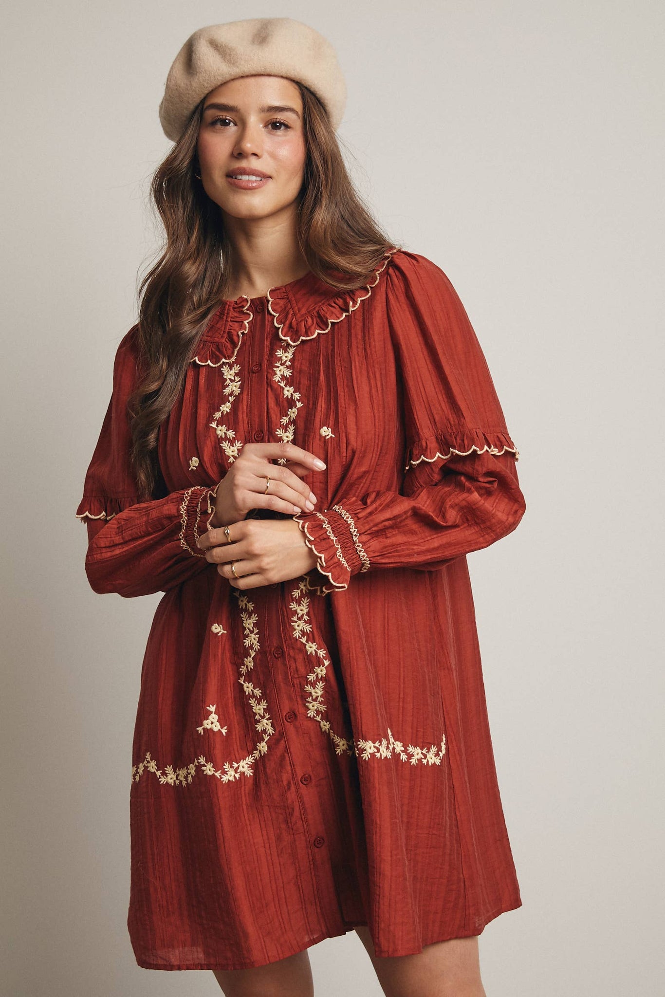 Embroidered Ruffle Collar Cotton Dress: Rust