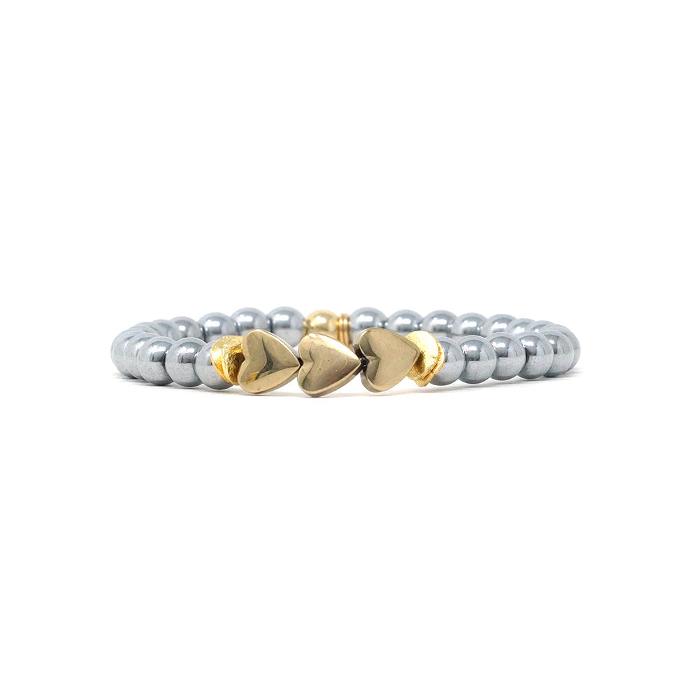 Triple Hearts Natural Stone Bracelet (6MM, Silver + Gold Hematite)