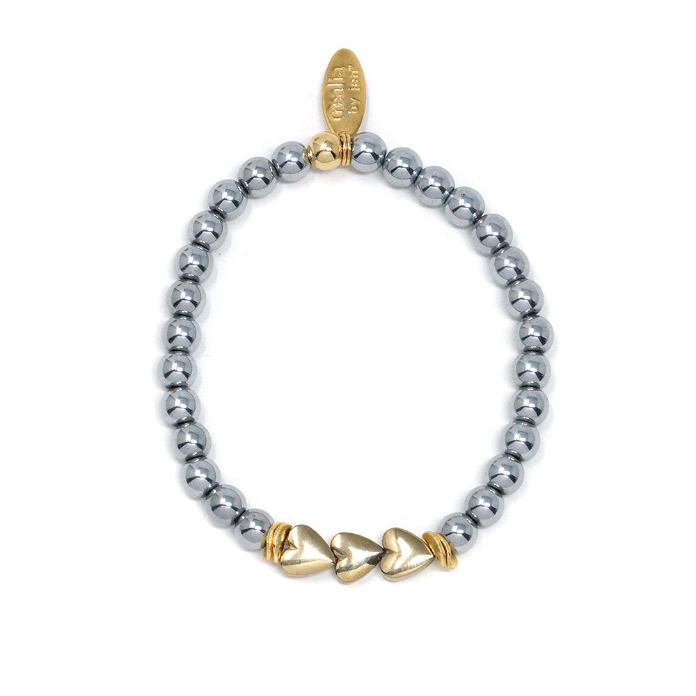 Triple Hearts Natural Stone Bracelet (6MM, Silver + Gold Hematite)