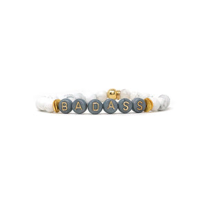 Wordy Natural Stone Bracelet - Badass (Howlite/White/Grey)