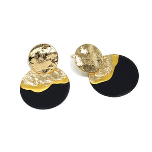 Gold Disc Stud Earrings (Black)