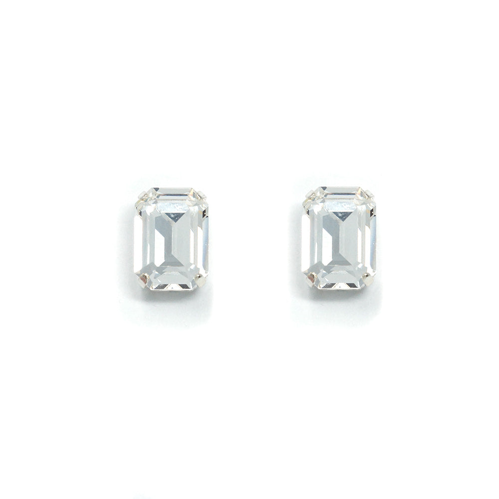 Emerald Cut Crystal Stud Earrings (Clear, Silver)